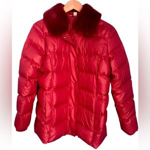 Brooks Brothers Red Fleece Duck Down Red Puffer Coat Removable Faux Fur collar